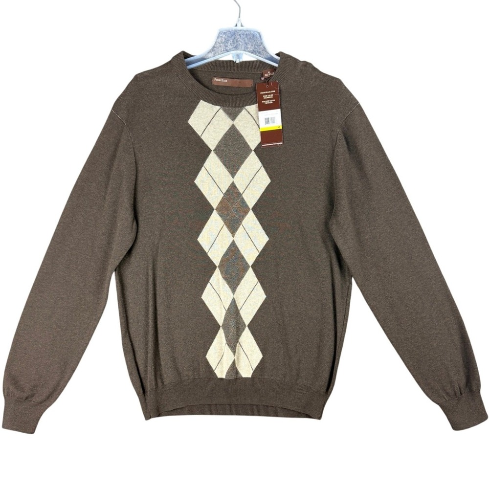 NEW Perry Ellis Men's M Argyle Crew‎ Neck Sweater Chocolate Heather Brown Cotton
